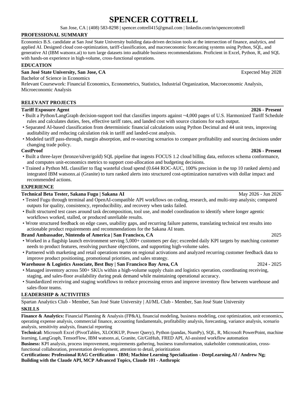 First page of Spencer Cottrell\u2019s resume